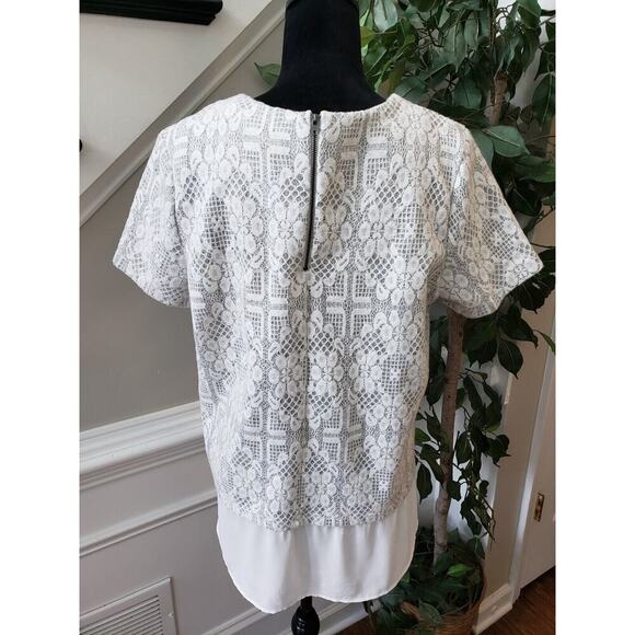 Anthropologie Pleione White Floral Nylon Round Neck Short Sleeve Blouse Large - Picture 7 of 12